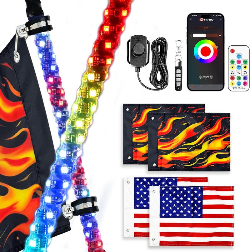 DITRIO 2 Pack 2FT Led Whip Lights with App & Remote Control, Spiral RGB Chasing Lighted Whips,Side by Side Whip Lights with 4 Flags for UTV ATV SXS Truck Boat, Multi Color, Waterproof, Music Mode - Image 1